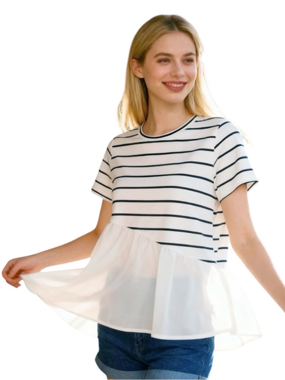 KEOMUD White & Black Striped Peplum Short Sleeve Top Size Large